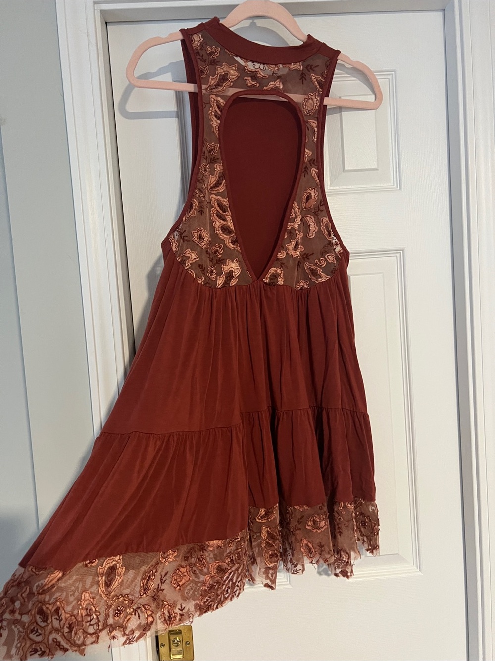 POL Rust Red Tiered Lace-Hem Sleeveless Dress